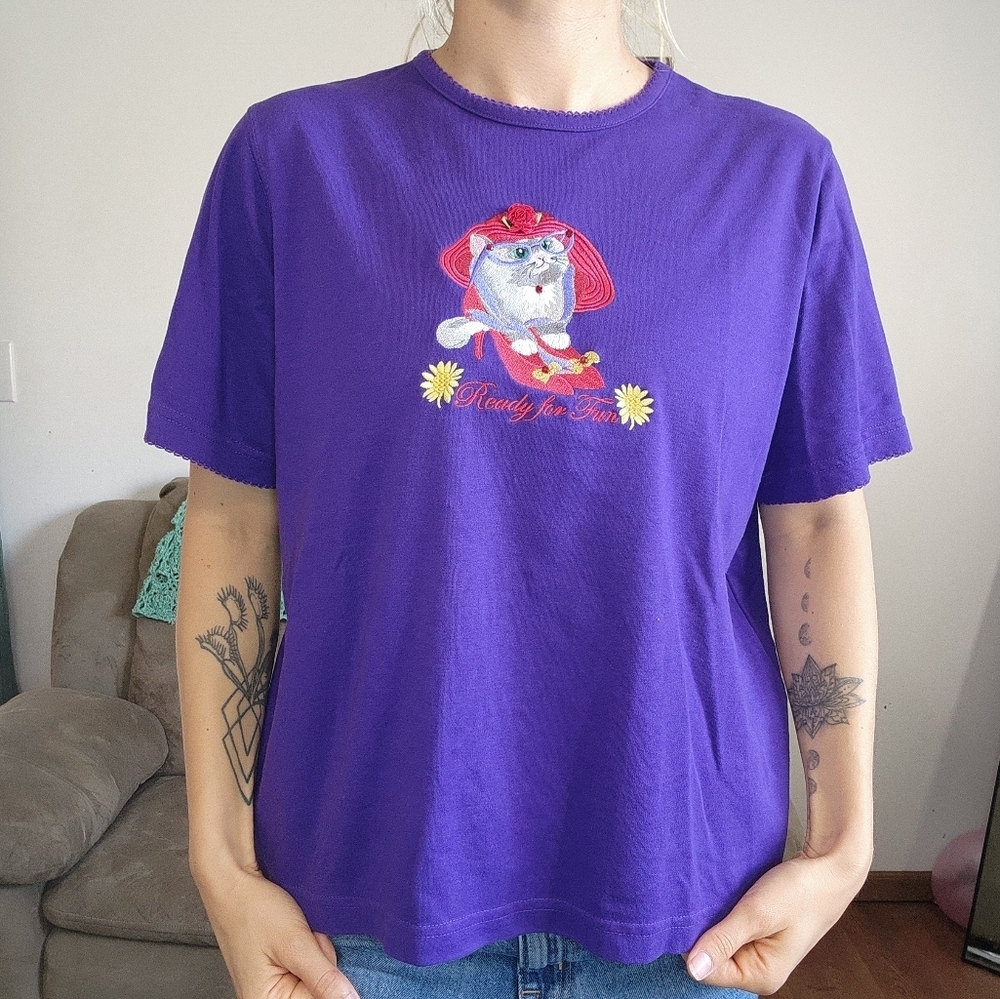 Bonworth Red Hat Cat Graphic T Shirt Size Large Petite